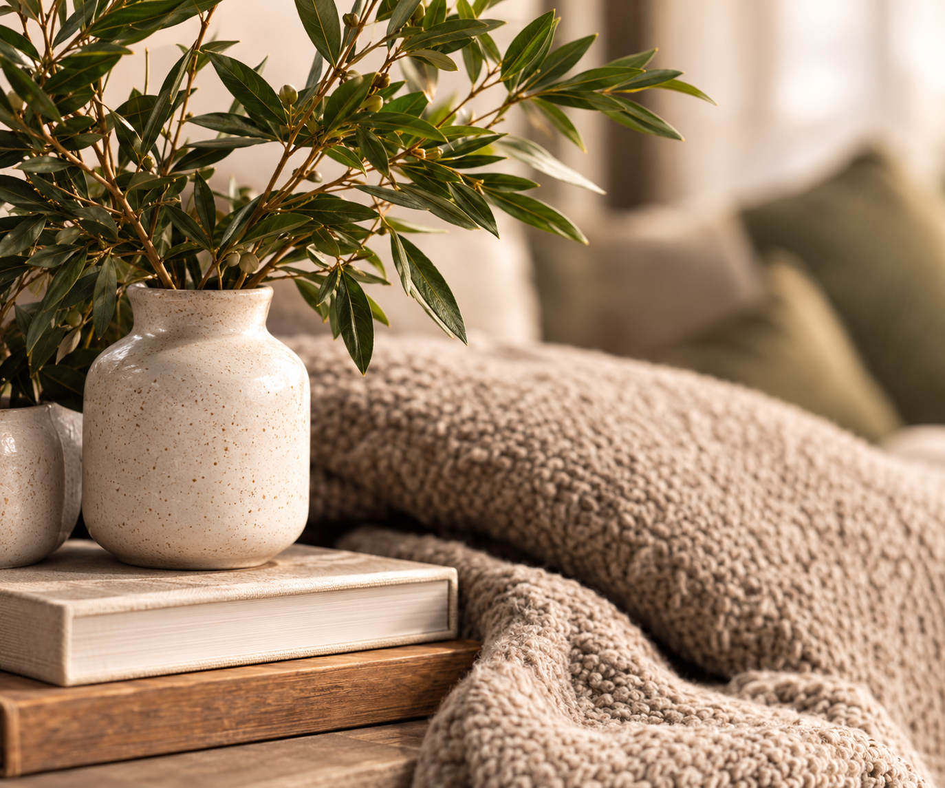 Warm olive branches, ceramic vase, books and textured throw